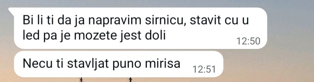 Dalmatinska mater šalje poruku u kojoj mi nudi da mi pošalje hranu za na put